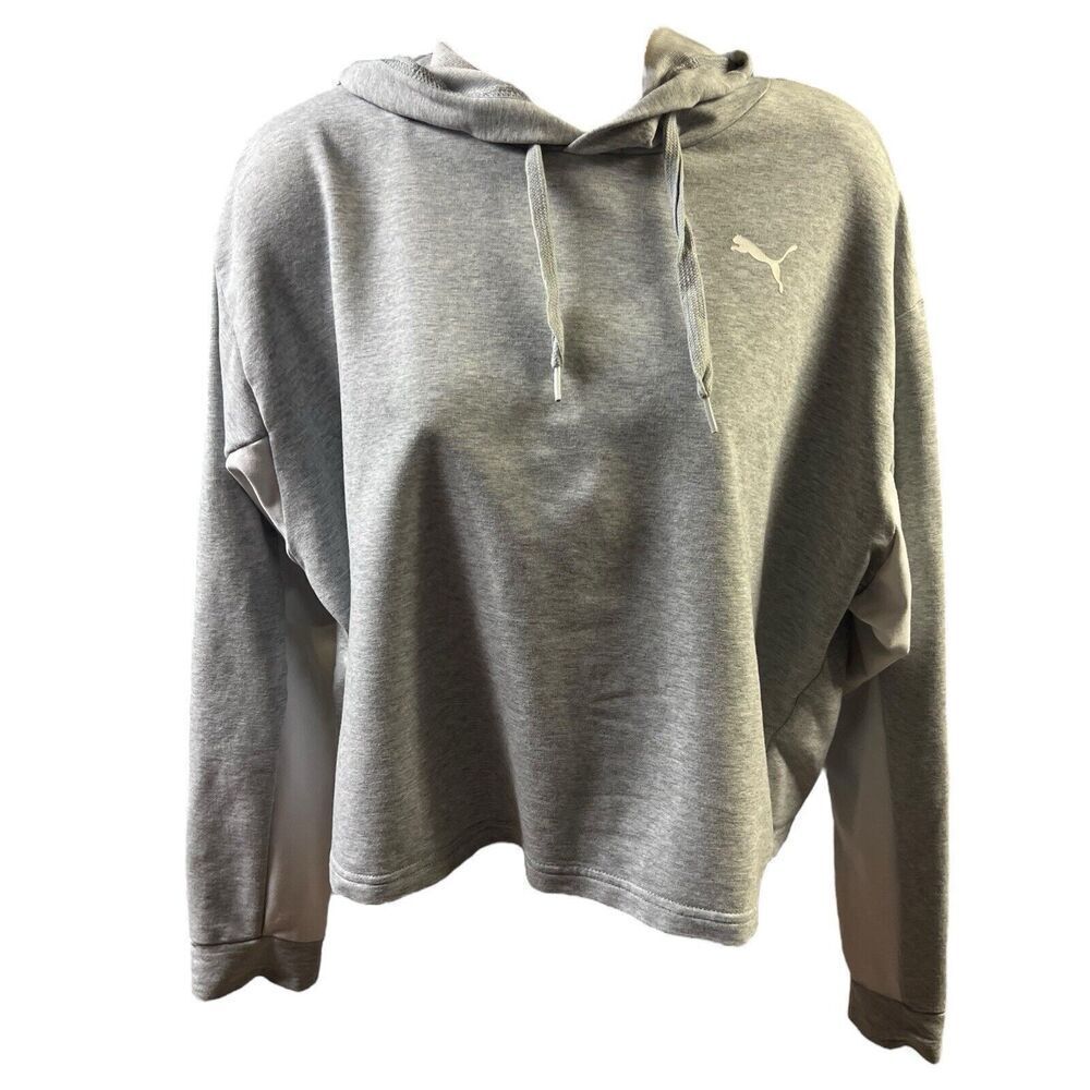PUMA Sweatshirt Grey White Hoodie Spellout Sleeve Stay Dry Size M Crop Hooded